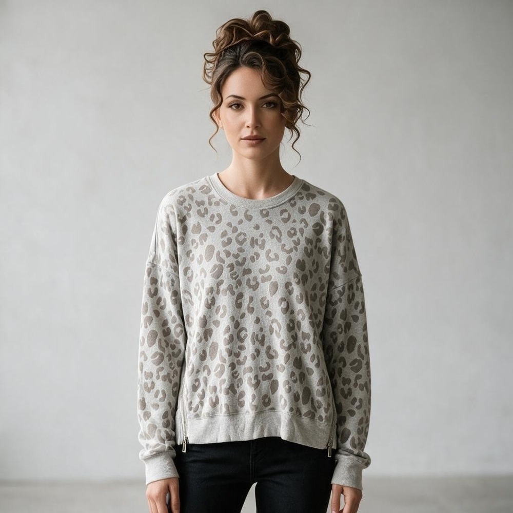Rails Marlo Flocked Heather Grey Leopard Sweatshirt Side Zips Size S